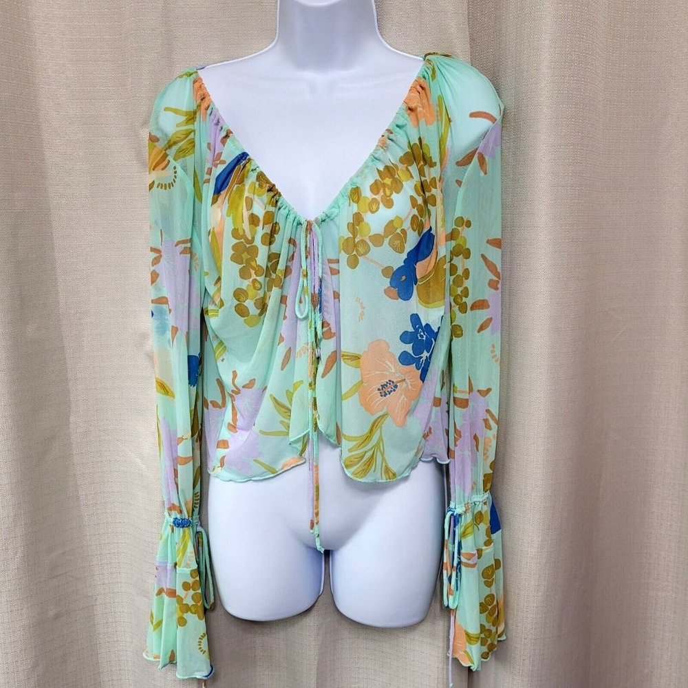 Free People Mint Multi-Color Floral Tie-Front Top